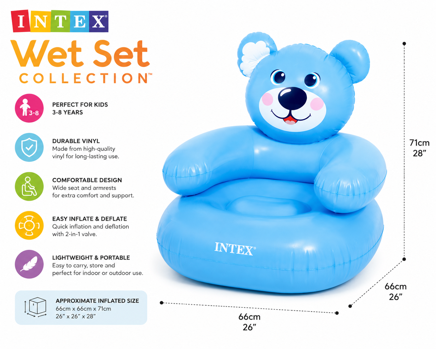 INTEX Kids Inflatable Bear Chair | Wet Set Collection | Soft Air Sofa Seat for Children (3–8 Years)